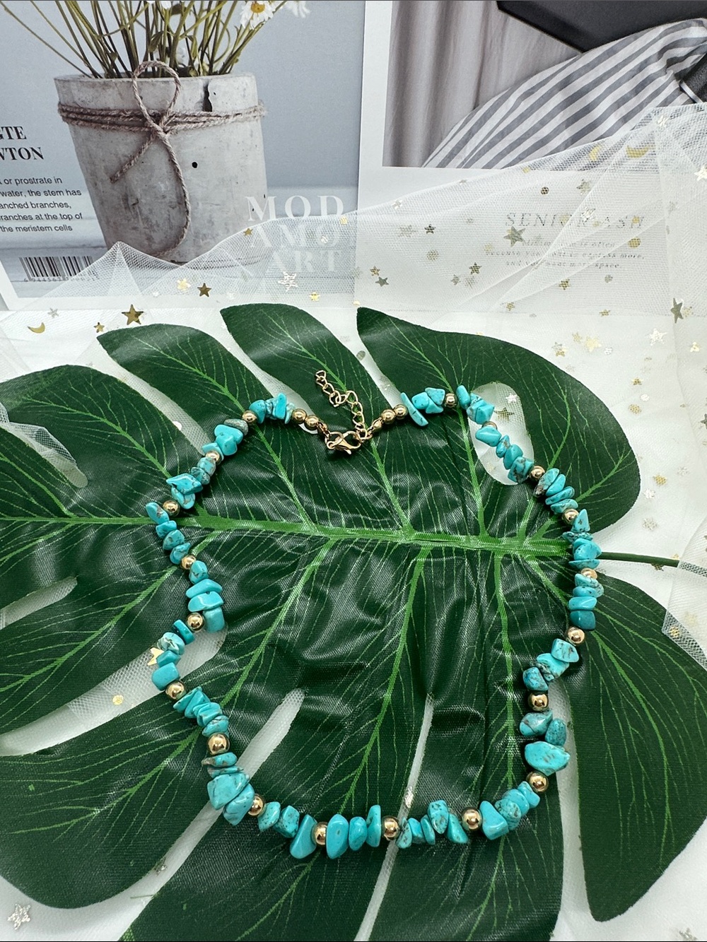 Turquoise Chip Beaded Necklace with Gold Accents